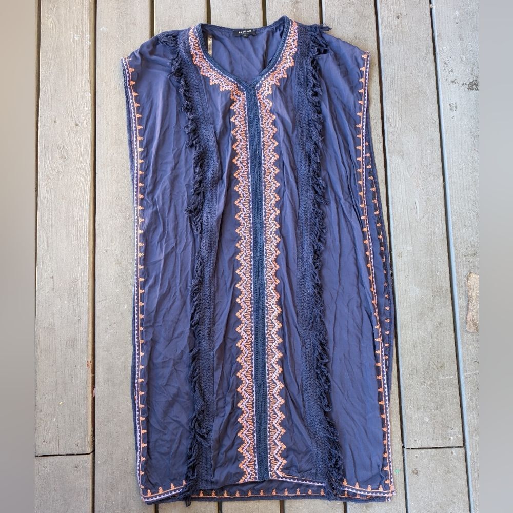 Beulah Style Blue Tassel‎ Embroidered Kimono Poncho M/L Boho Festival